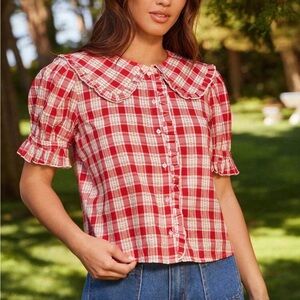 Red Plaid Button-Down Shirt with Peter Pan Collare